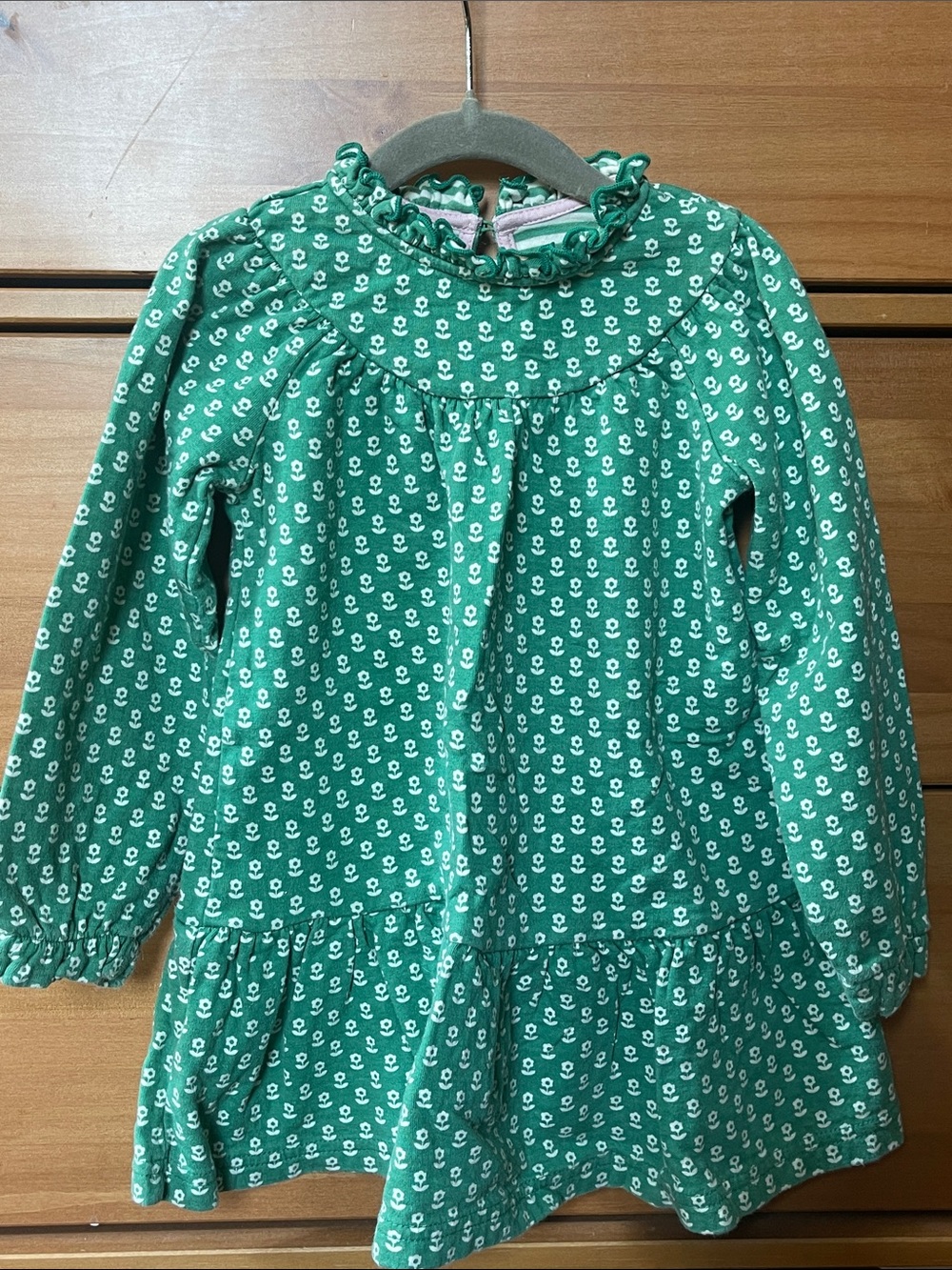 Mini Boden Green Floral Ruffle Neck Dress with Pink Trim